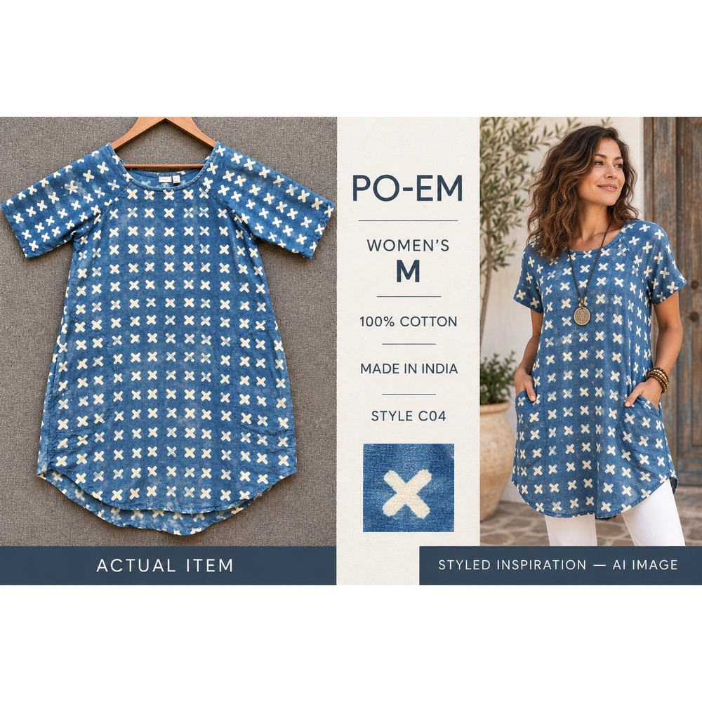 PO-EM Tunic Dress Womens C04 Cotton Block Print Blue M Excellent Boho Lagenlook